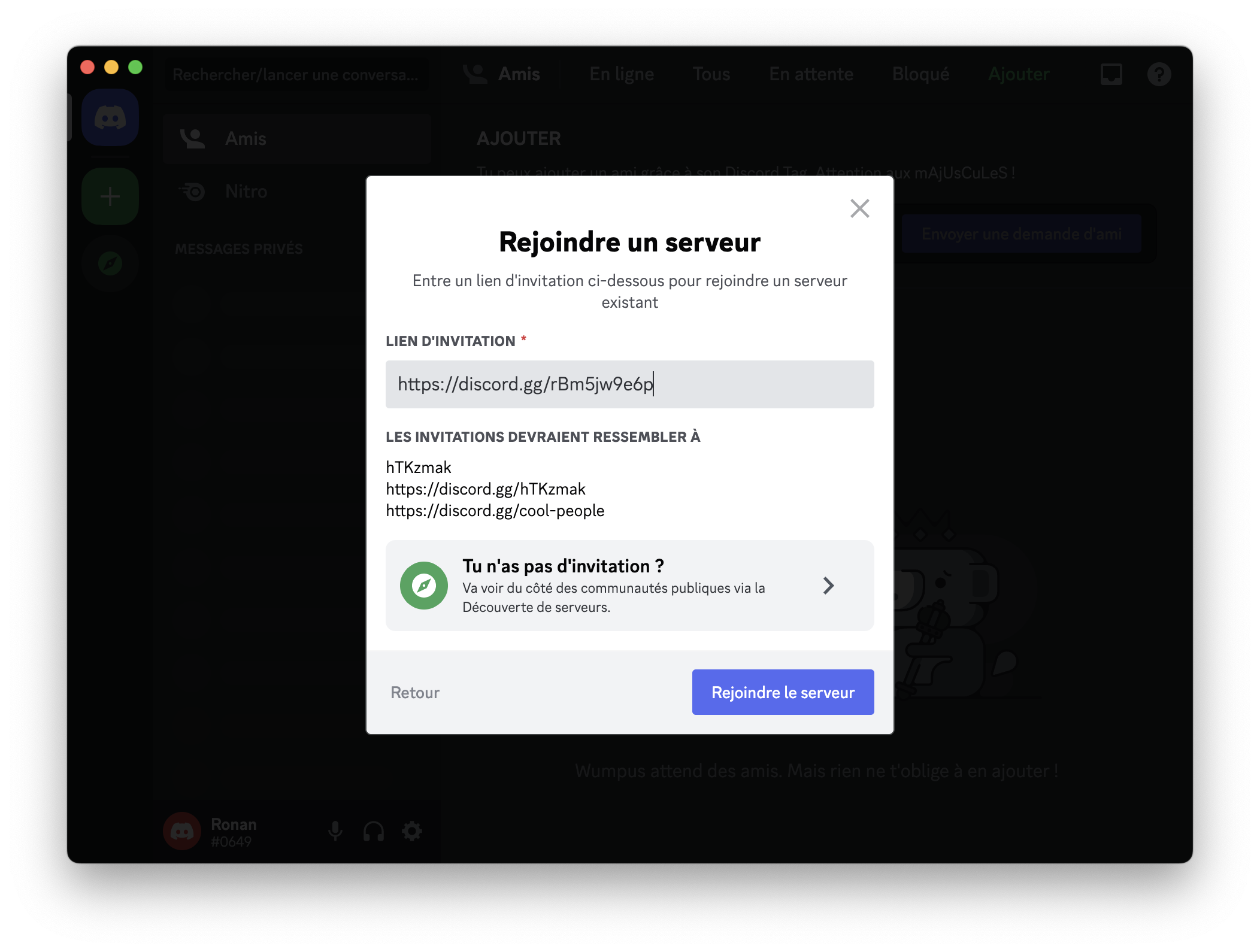 Discord : page pour ajouter un lien d’invitation