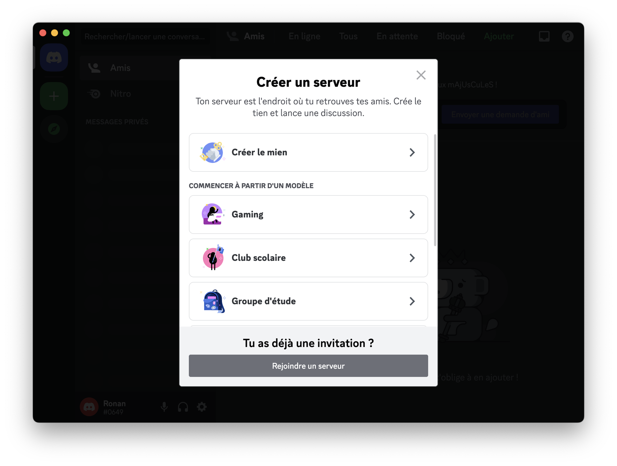 Discord : page pour créer un serveur